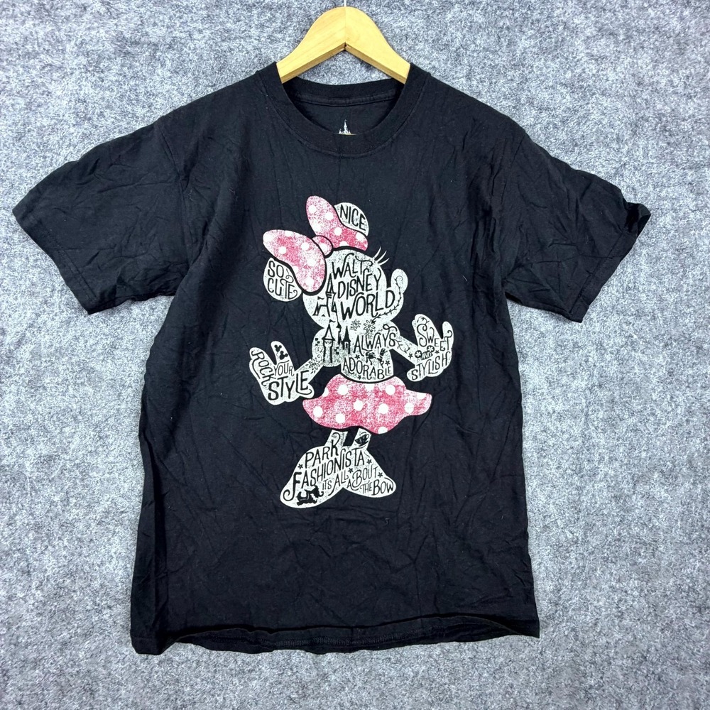Disney Parks Minnie Mouse T-Shirt Womens Medium Black Graphic Words Silhouette